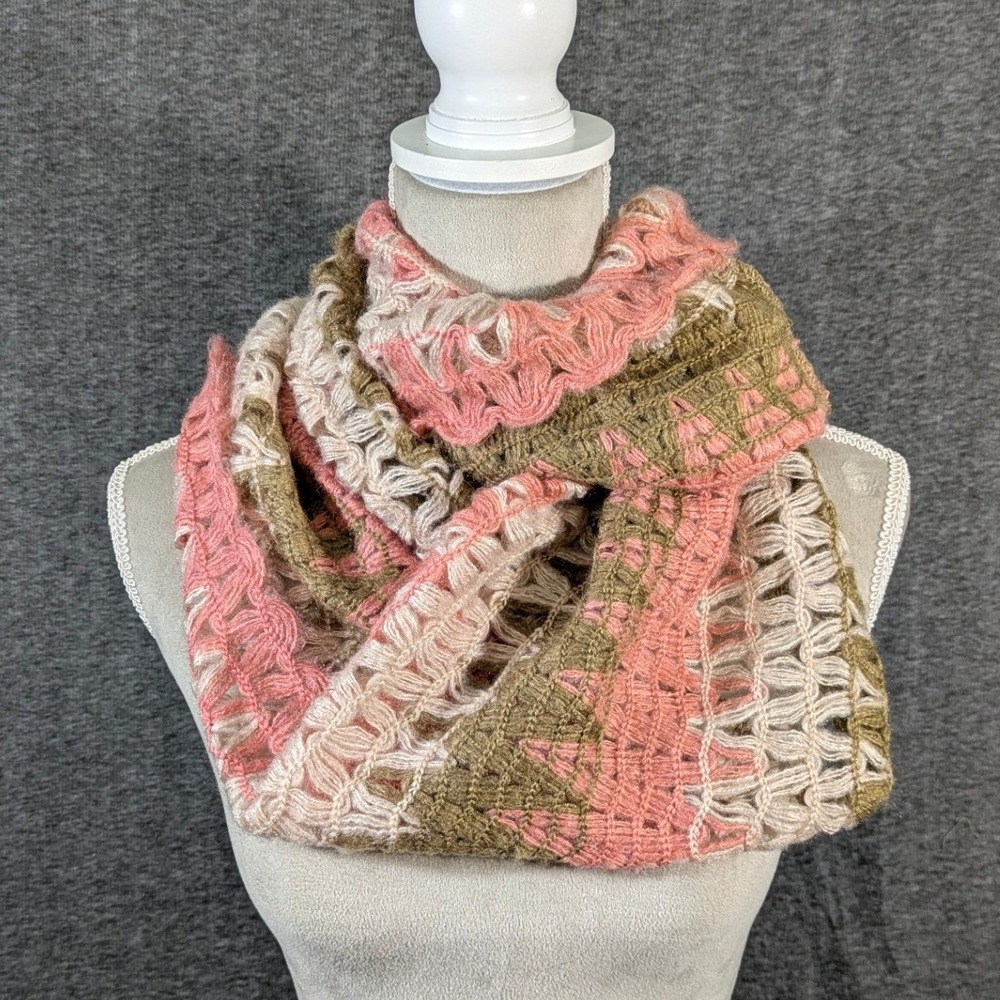 Handmade Crochet Infinity Scarf Pink Olive Green Cream Hairpin Lace Boho Loop
